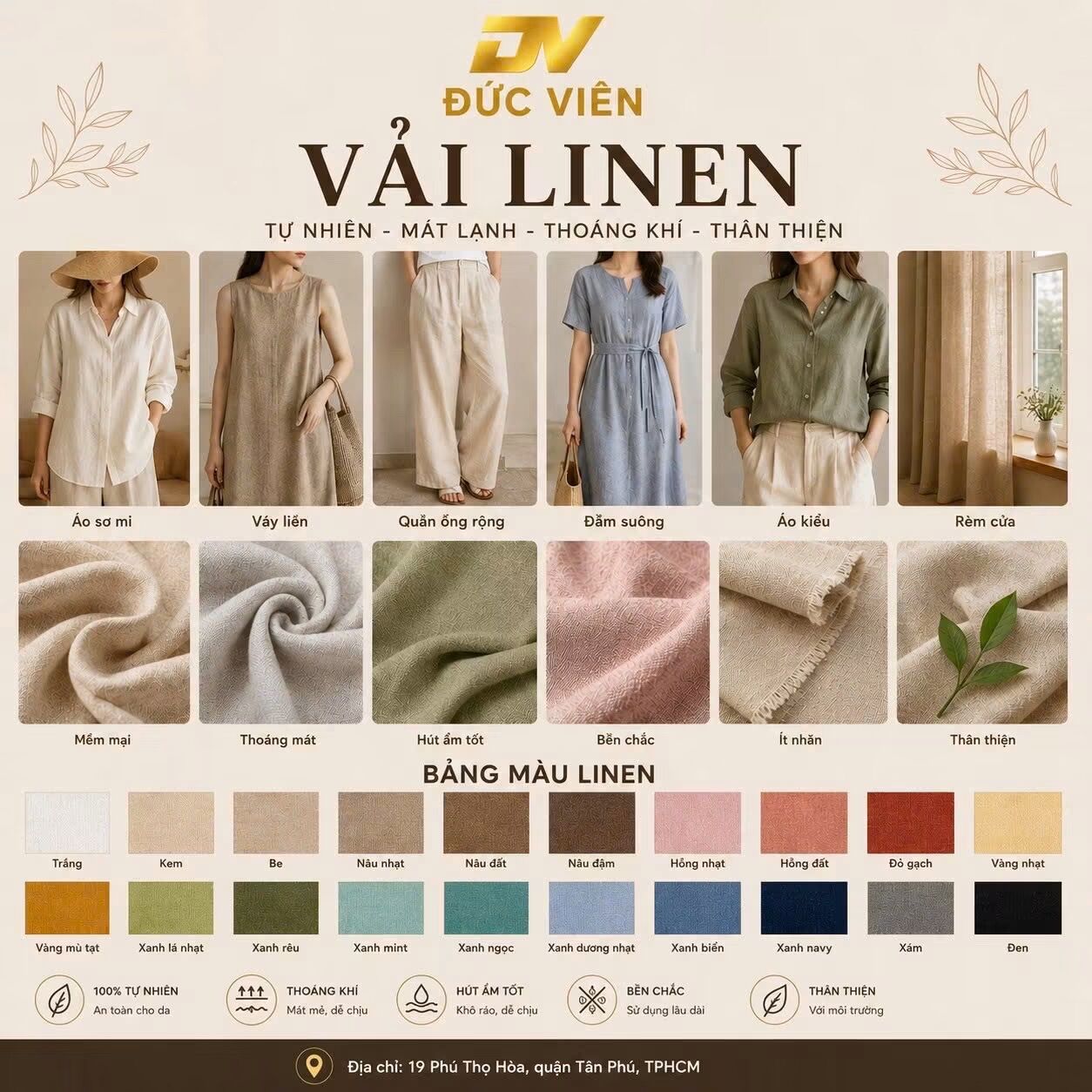 Bảng đặc điểm vải linen: sợi lanh, độ thoáng, độ nhăn và ứng dụng