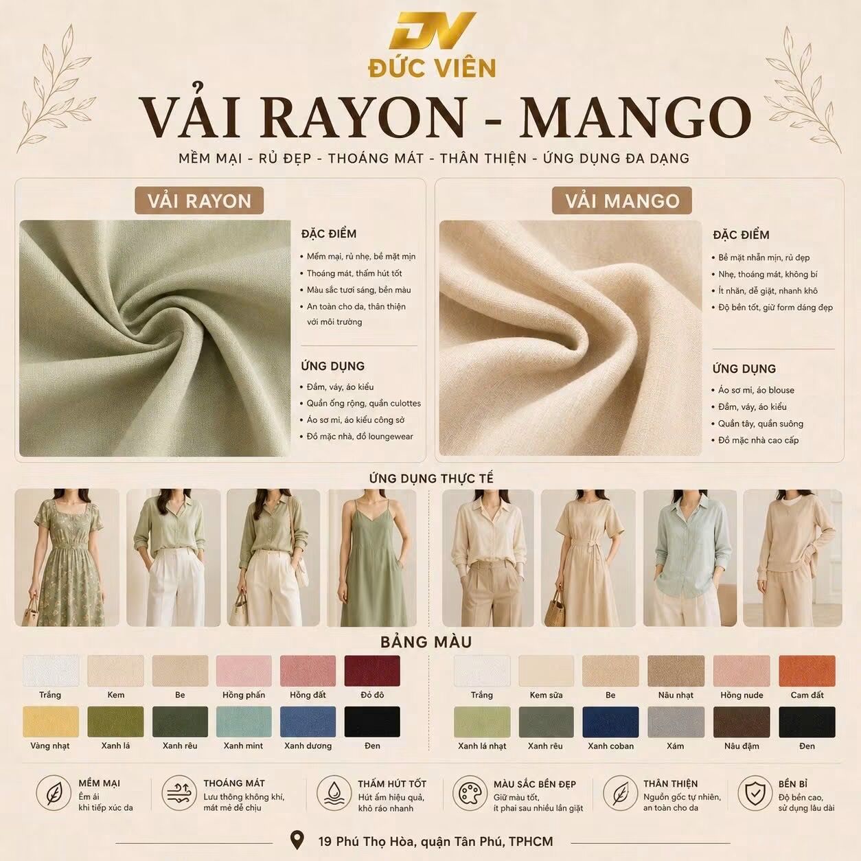 Bảng đặc điểm vải rayon và vải mango: thành phần, độ rủ và ứng dụng